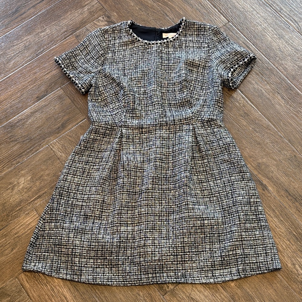 Solitaire Black & White Tweed Dress with Pearl Trim